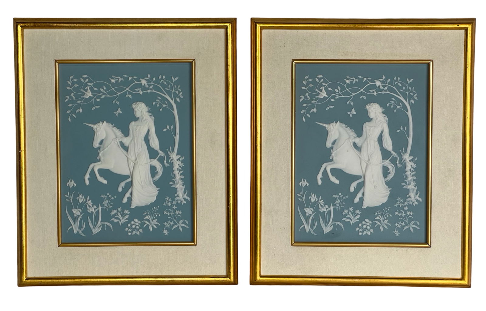 Lady and Unicorn Parian Porcelain Plaques Franklin: "The Lady and the Unicorn" Parian Porcelain Plaques by Franklin Mint. Artist- George McMonigle. 17" x 14" framed. Come with COAs. Good Condition.