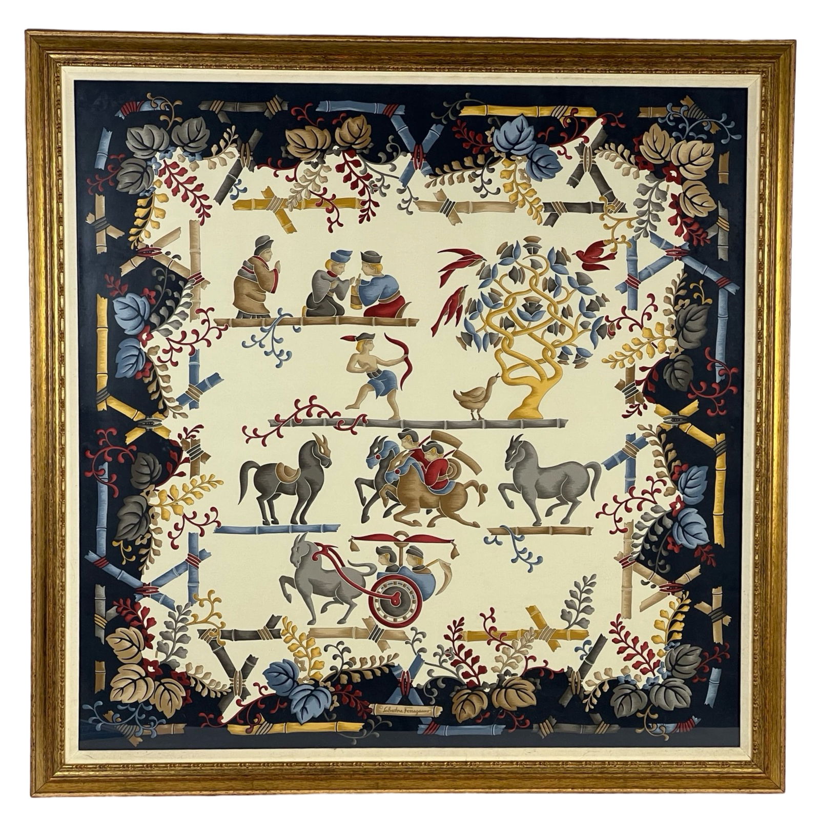 Salvatore Ferragamo Oriental Motif Silk Scarf: This beautifully framed Salvatore Ferragamo silk scarf features an exquisite Oriental motif, showcasing the brand's renowned attention to detail and artistry. The intricate design includes vibrant dep