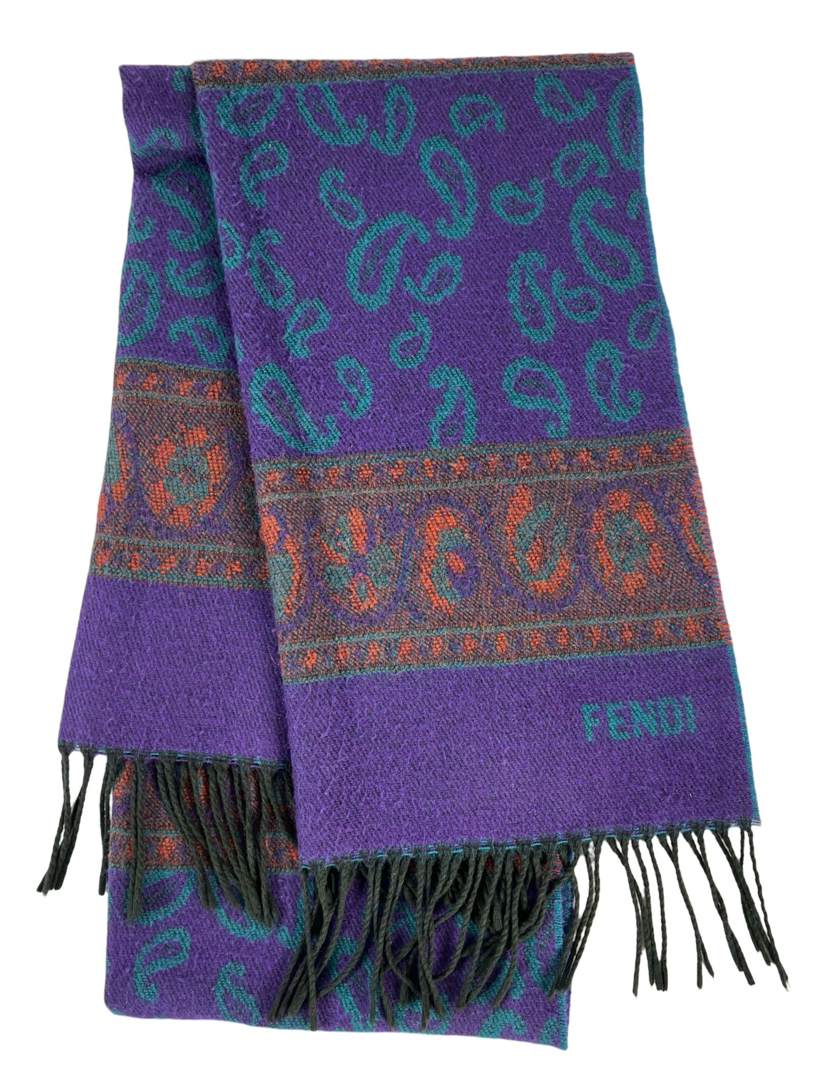 Fendi Paisley Bohemian Blue Long Wool Scarf (1 of 2)
