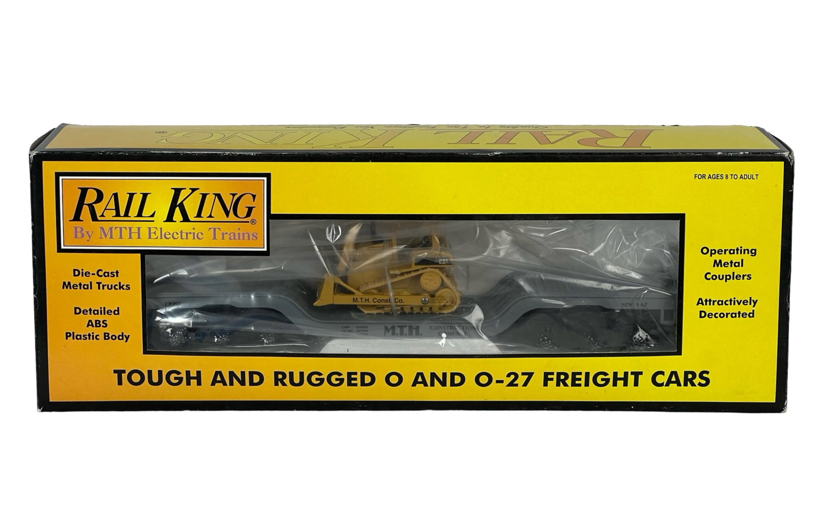 Rail King MTH Depressed Flat Car w Ertl Bull Dozer: Rail King MTH Depressed Flat Car with Ertl Bull Dozer. 30-7618.