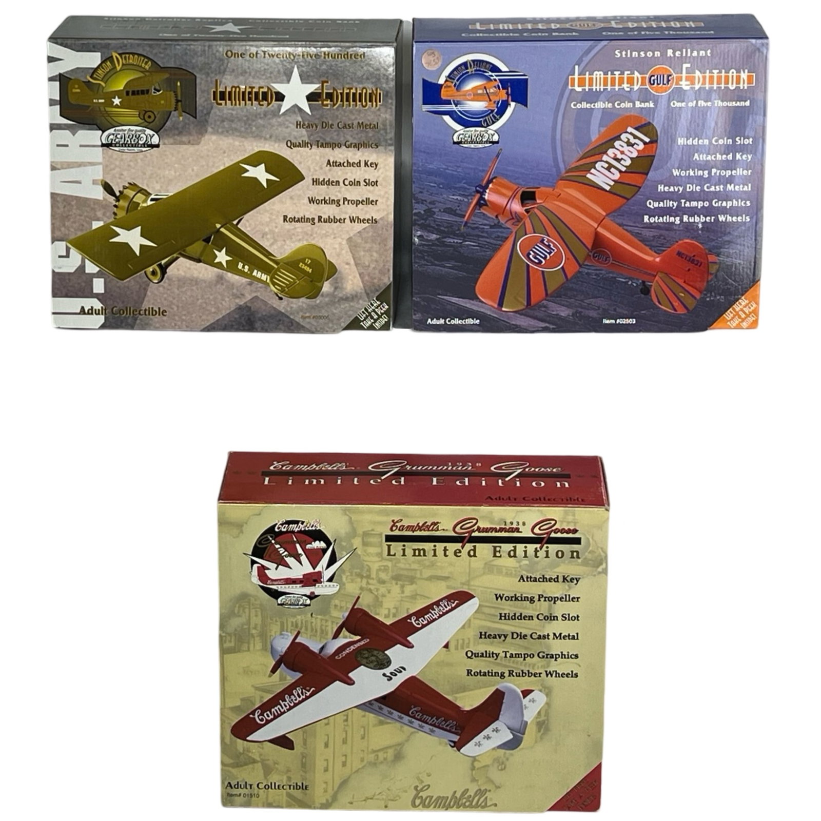 Lot of 3 LE Die-Cast Airplane Coin Bank Models: Lot of 3 Limited Edition Die-Cast Airplane Coin Bank Models. All in original boxes.
