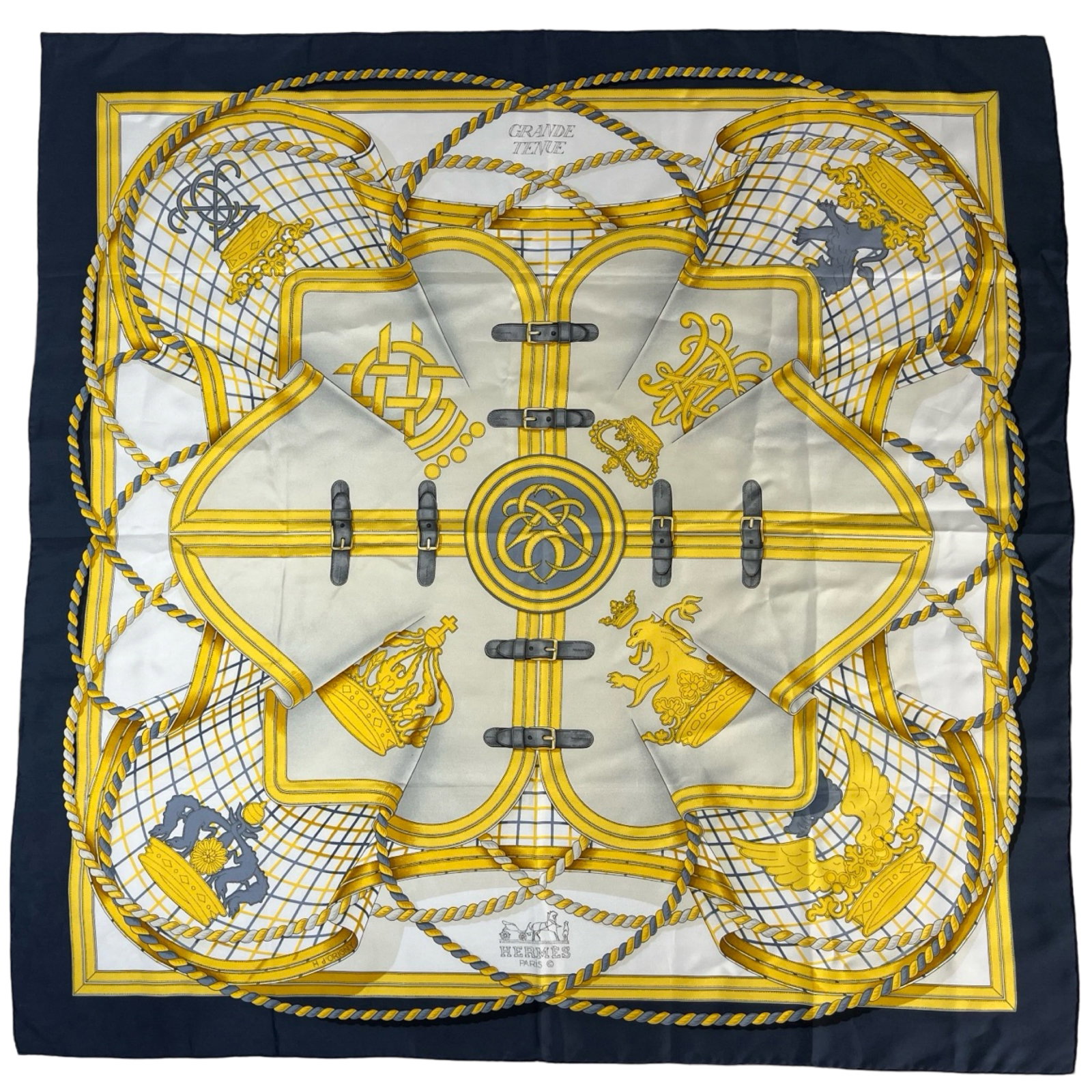 Hermes "Grande Tenue" Henri D'Origny Silk Scarf: Hermes "Grande Tenue" Henri D'Origny Silk Scarf. 35" x 35". Good Condition.Please Note: We can not 100% guarantee authenticity of this scarf.Hems are rolled toward the front. Print is nice and clear. 