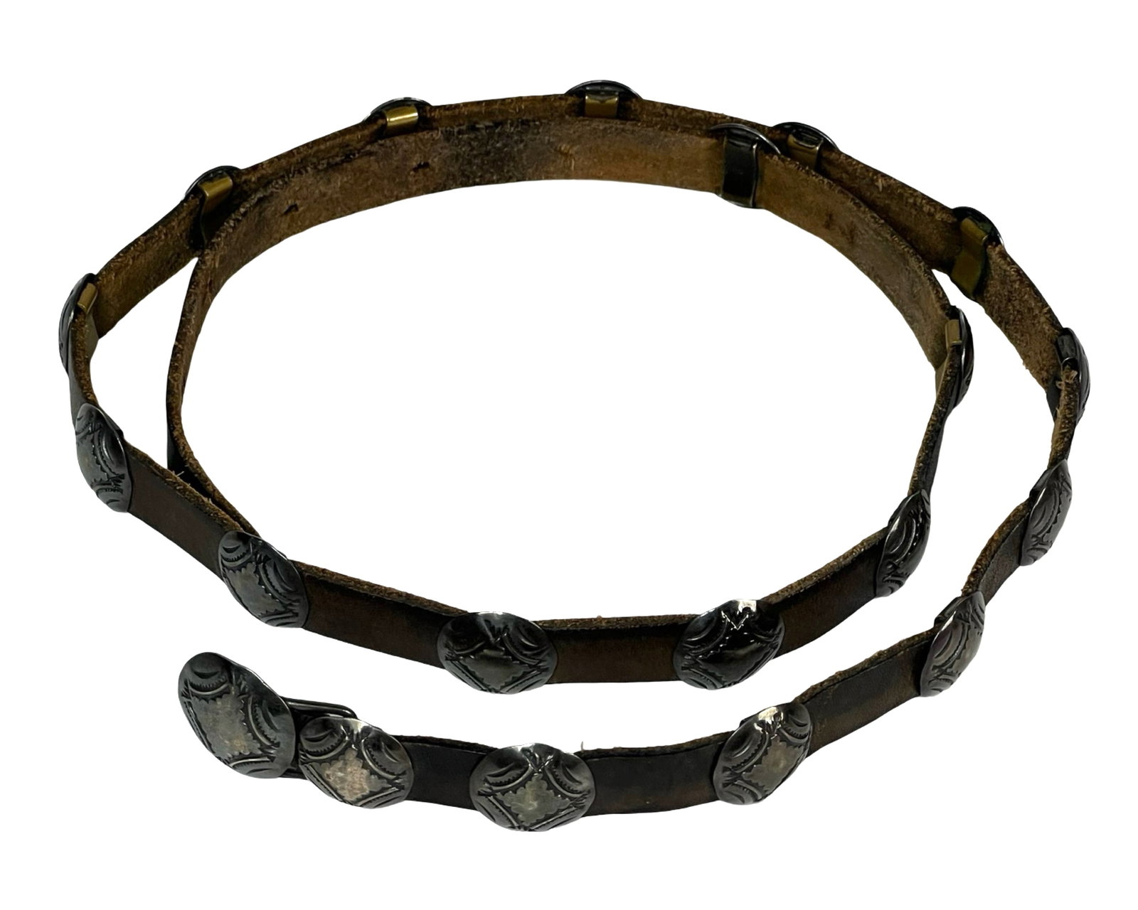 Vintage Silver Concho Lady's Belt- Sterling Buckle: Vintage Silver Concho Lady's Belt signed "Kat" with Sterling Buckle. 37 1/3" long, 3/4" wide.