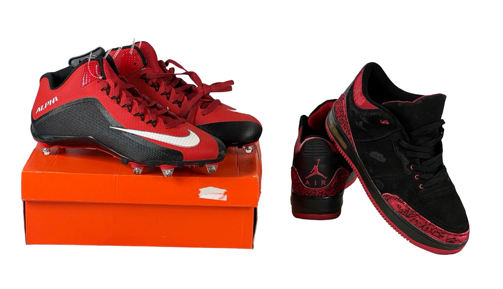 Nike Air Jordan Sneakers & Alpha Football Cleats: Nike Air Jordan Sneakers & Nike Alpha Football Cleats. Size- 11.5 & 13. Cleats are new in original box, Sneakers are in pre-owned condition.