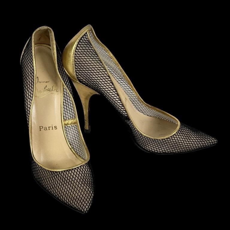 Christian Louboutin Black Mesh Pumps Sz. 38: Christian Louboutin Black Mesh and Suede Follies Resille Pumps. Size- 38. Good pre-loved condition.