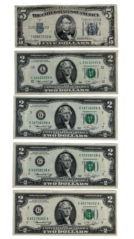 Five Dollar Silver Certificate & Two Dollar Bills (1 of 2)