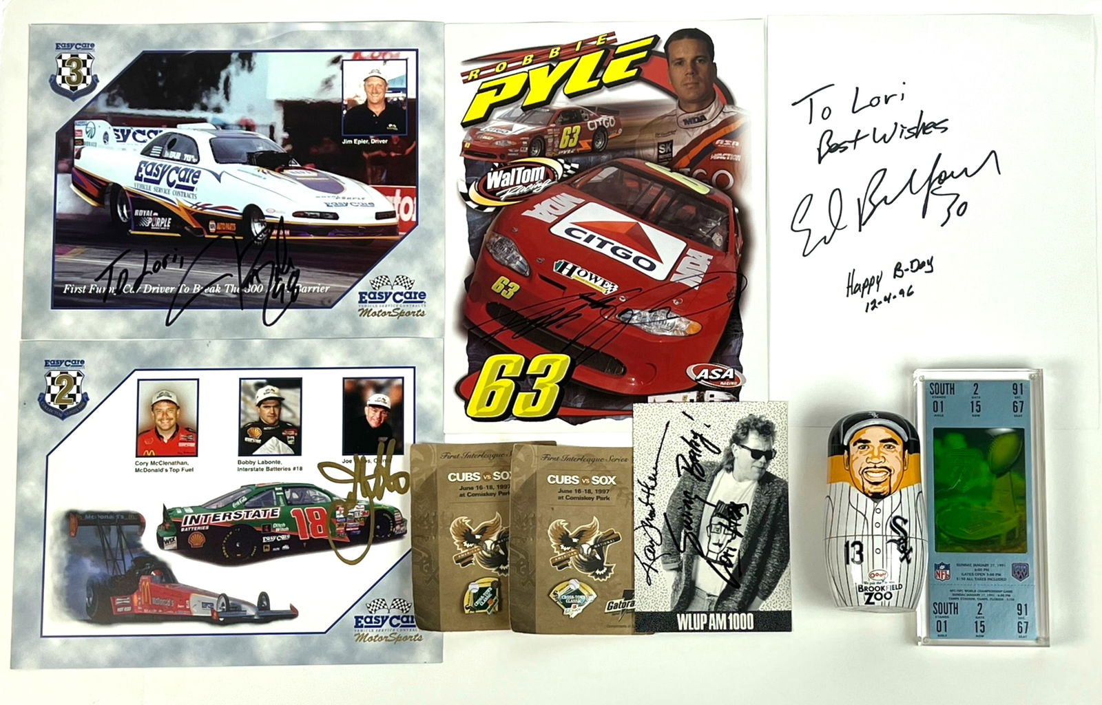 Signed Racing Photos & Sport Memorabilia: Group of Autographed Racing Stars Photos including Robbie Pyle, Jim Epler, Joe Gibbs. Come with signed Kevin Matthews card and Sports Memorabilia. Good Condition. Beckett Certified.PLEASE READ BEFORE