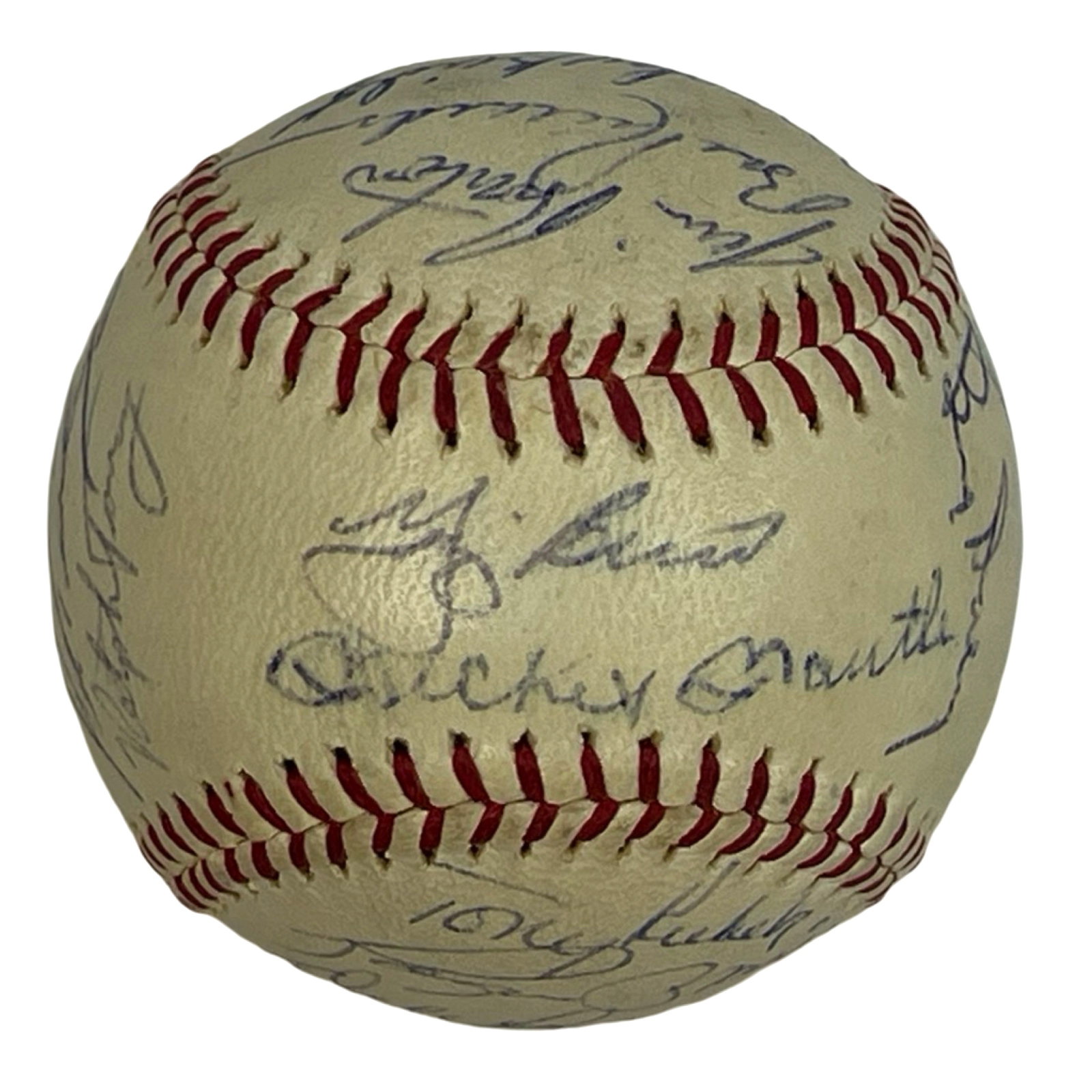 1962 Yankees WS Champs Team Signed Baseball- 23 Si: This remarkable piece of baseball history is a 1962 Yankees World Series Champions team signed baseball ball, adorned with 23 signatures from the legendary team. Notably, Mickey Mantle and Yogi Berra'