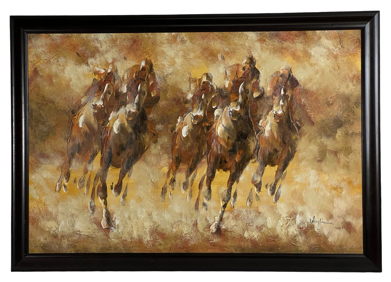 Impressionist Horse Racing Oil Painting: An evocative oil painting on canvas, depicting a dynamic horse racing scene in the impressionist style, dating from the second half of the 20th century. The artwork measures 28 inches in width and 40 