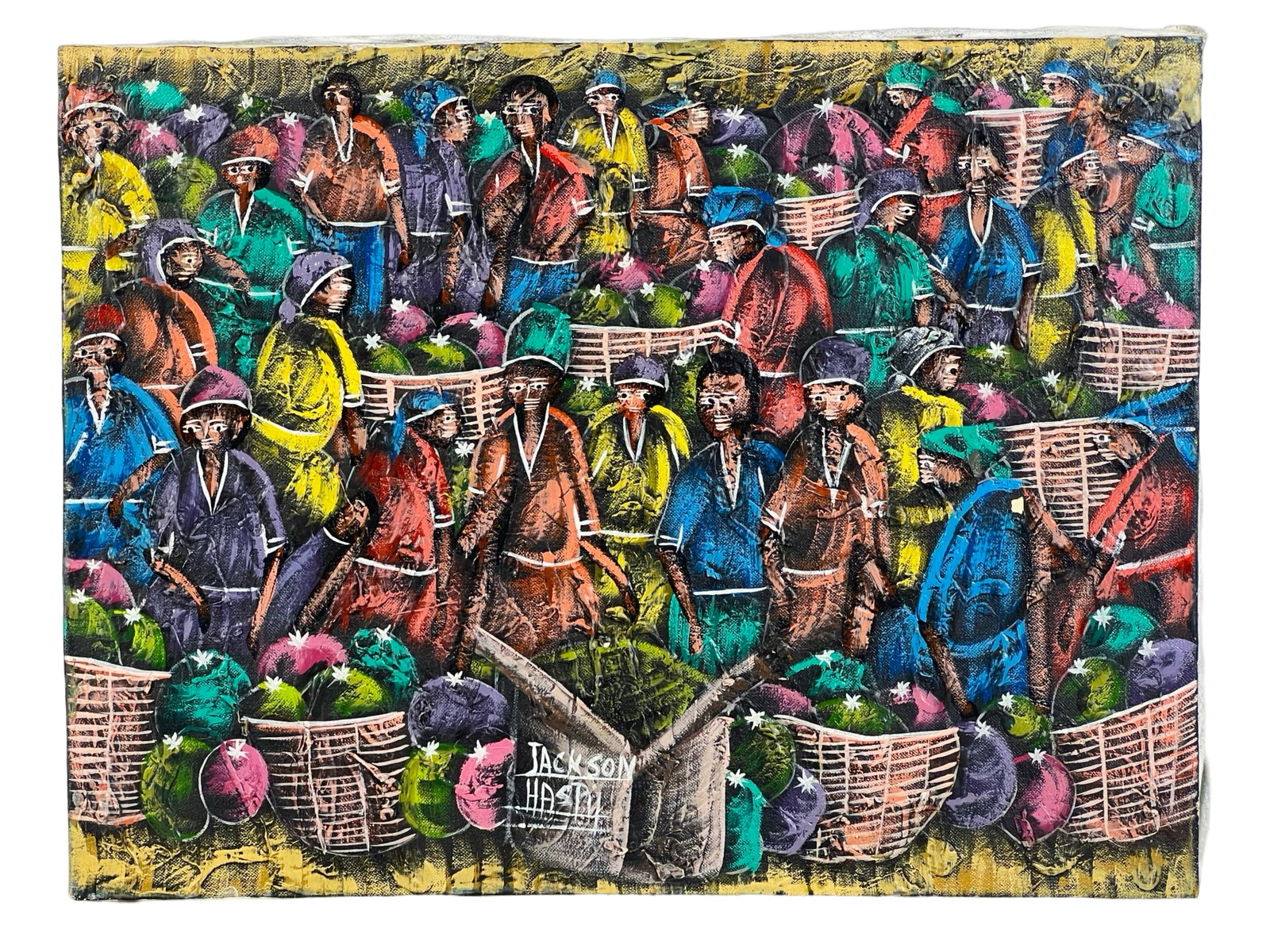 Jackson Haspil Haitian Oil Painting: This oil painting on canvas by Jackson Haspil, measures 16 inches by 12 inches and is signed at the bottom. The artwork, unframed, showcases Haspil's vibrant use of color and textured brushstrokes, re