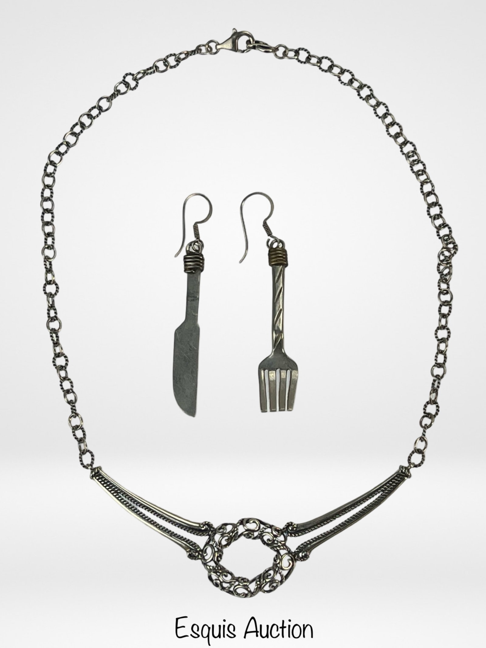 Sterling Silver Jewelry- Necklace & Earrings: Sterling Silver Choker Necklace and unusual Fork & Knife Earrings. Necklace is 14"/ All are in good condition.