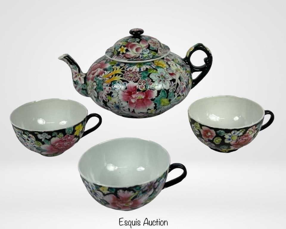 19th C Chinese Qing Dynasty Famille Rose Teapot &: This lot features a stunning antique Chinese Famille Rose teapot accompanied by three matching tea cups, dating back to the 19th century during the Qing Dynasty. The teapot and tea cups are adorned wi