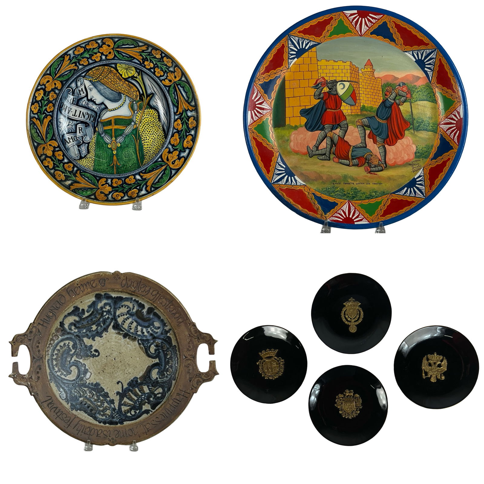 European Art Pottery- Knights & Medieval: European Art Pottery- Medieval Motif. Largest is 18" in dia. All are in good condition.