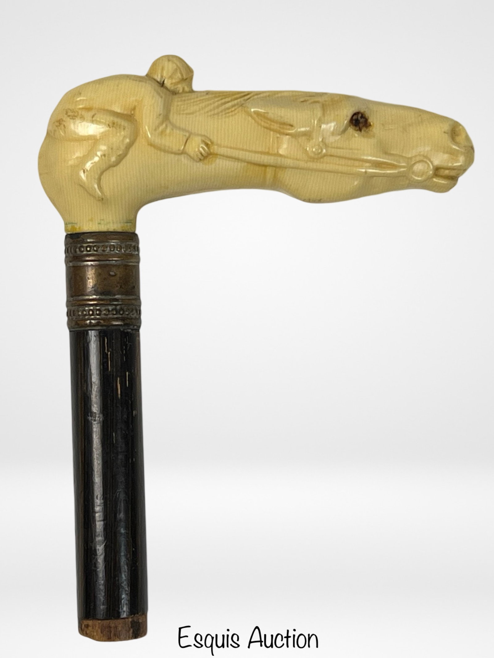 Horse with Riding Jockey Walking Cane Topper: Vintage Celluloid Horse with Riding Jockey Walking Cane Topper.