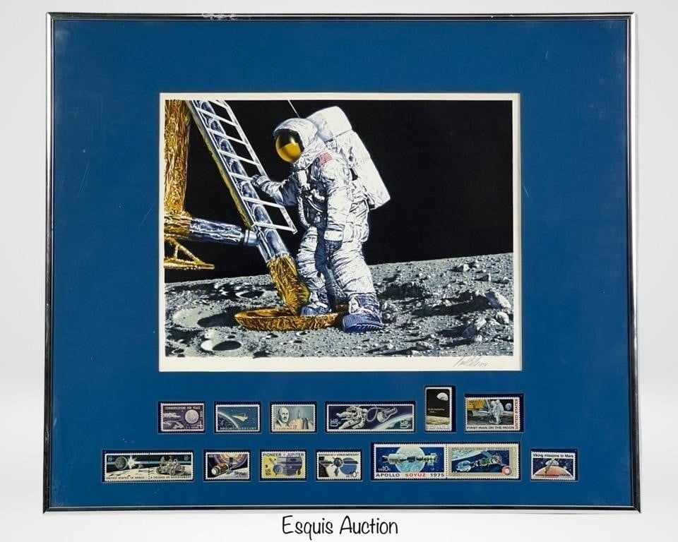 Paul Calle- First Man on Moon Litho Print w Stams (1 of 5)
