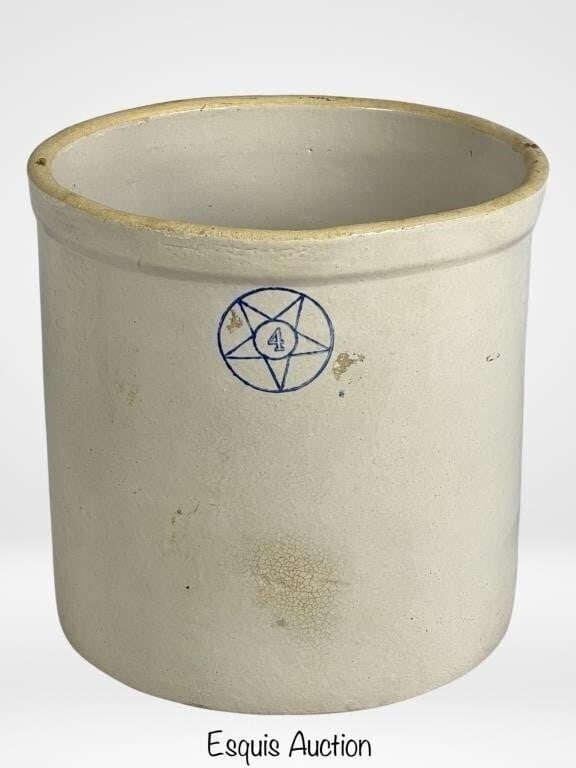 Antique 4 Gallon Crock by Star Stoneware: Embrace the nostalgia of yesteryears with this Antique 4-gallon crock crafted by Star Stoneware from Crooksville, Ohio. Measuring a substantial 11 1/2" x 11 1/2", this crock encapsulates the timeless