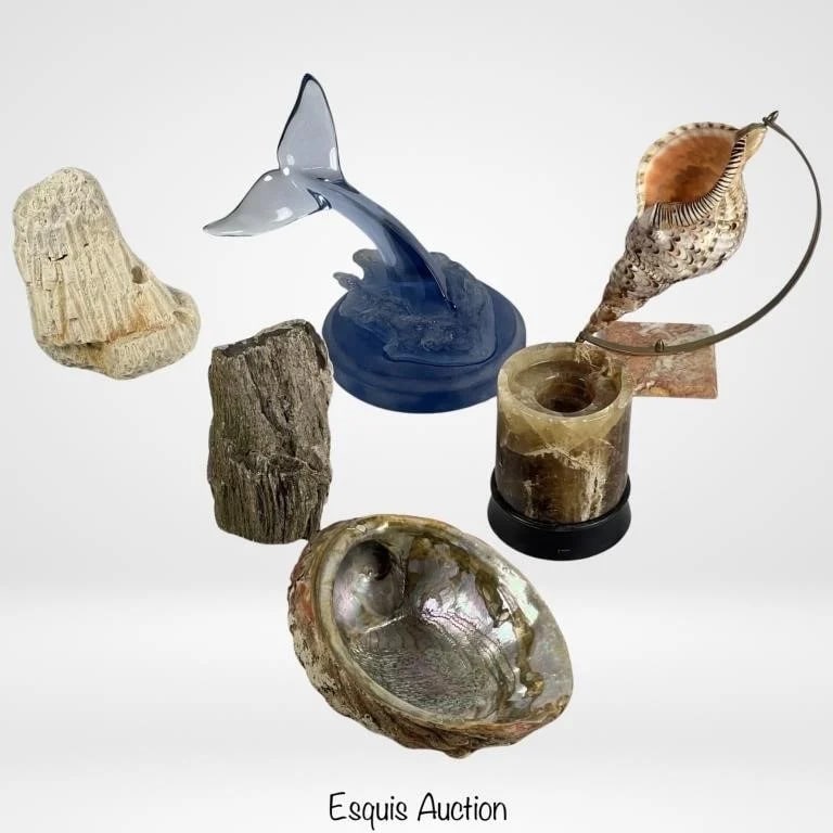 Eclectic Coastal Decor Set- Petrified Wood, Coral: Elevate your home decor with this captivating collection of coastal-inspired treasures. This eclectic set features a Baker Tantalus Stone Carved Candleholder, exuding timeless elegance and functionali
