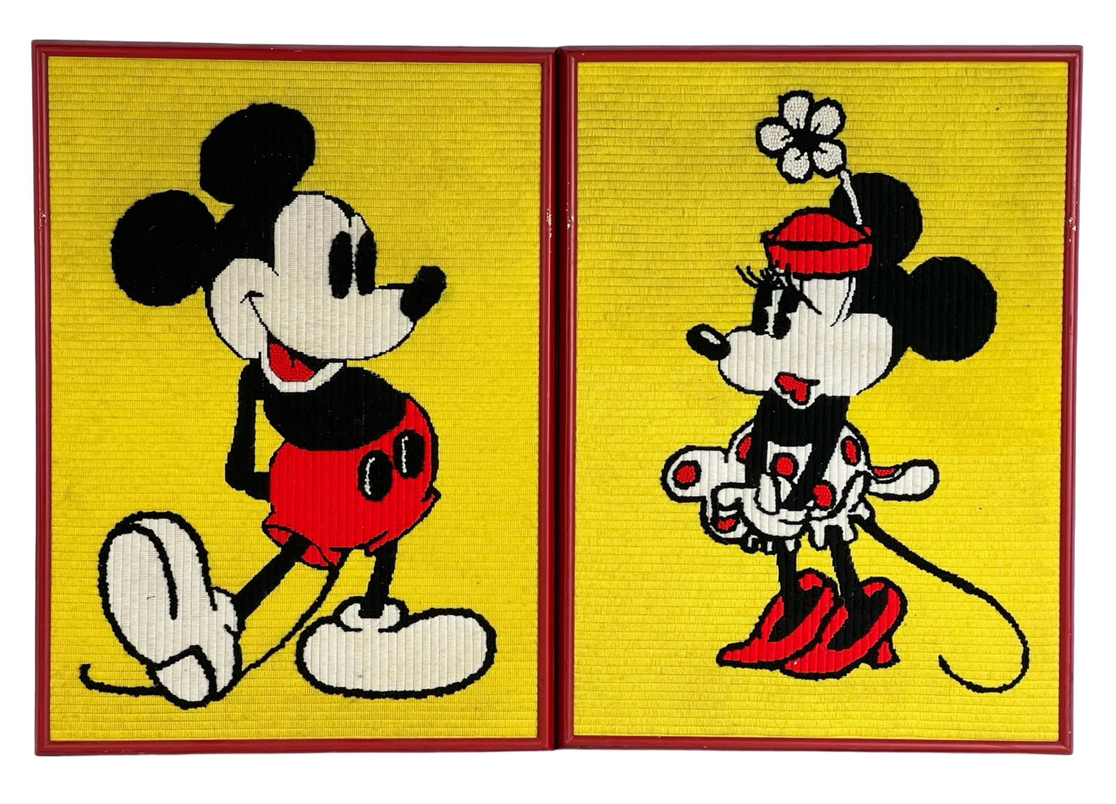 Walt Disney's Mickey & Minnie Mouse Crochet Art: This charming framed art features Walt Disney's beloved characters Mickey and Minnie Mouse rendered in crochet. The vibrant yellow background highlights the classic red, black, and white color scheme 
