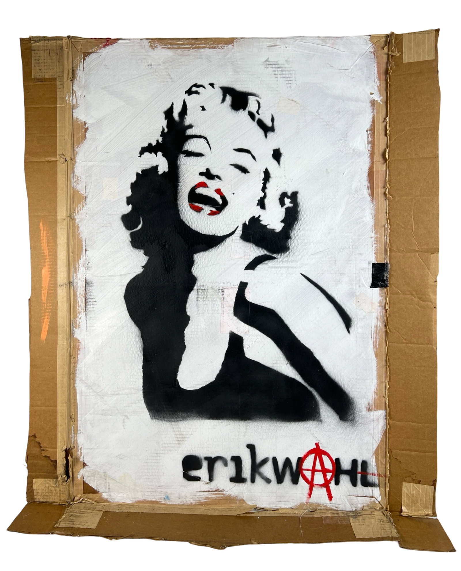 Erik Wahl Marilyn Monroe Graffiti Painting: An original painting by American graffiti artist Erik Wahl, featuring the iconic Marilyn Monroe on a large piece of cardboard. Known for using unconventional canvases, Wahl brings a unique edge to thi