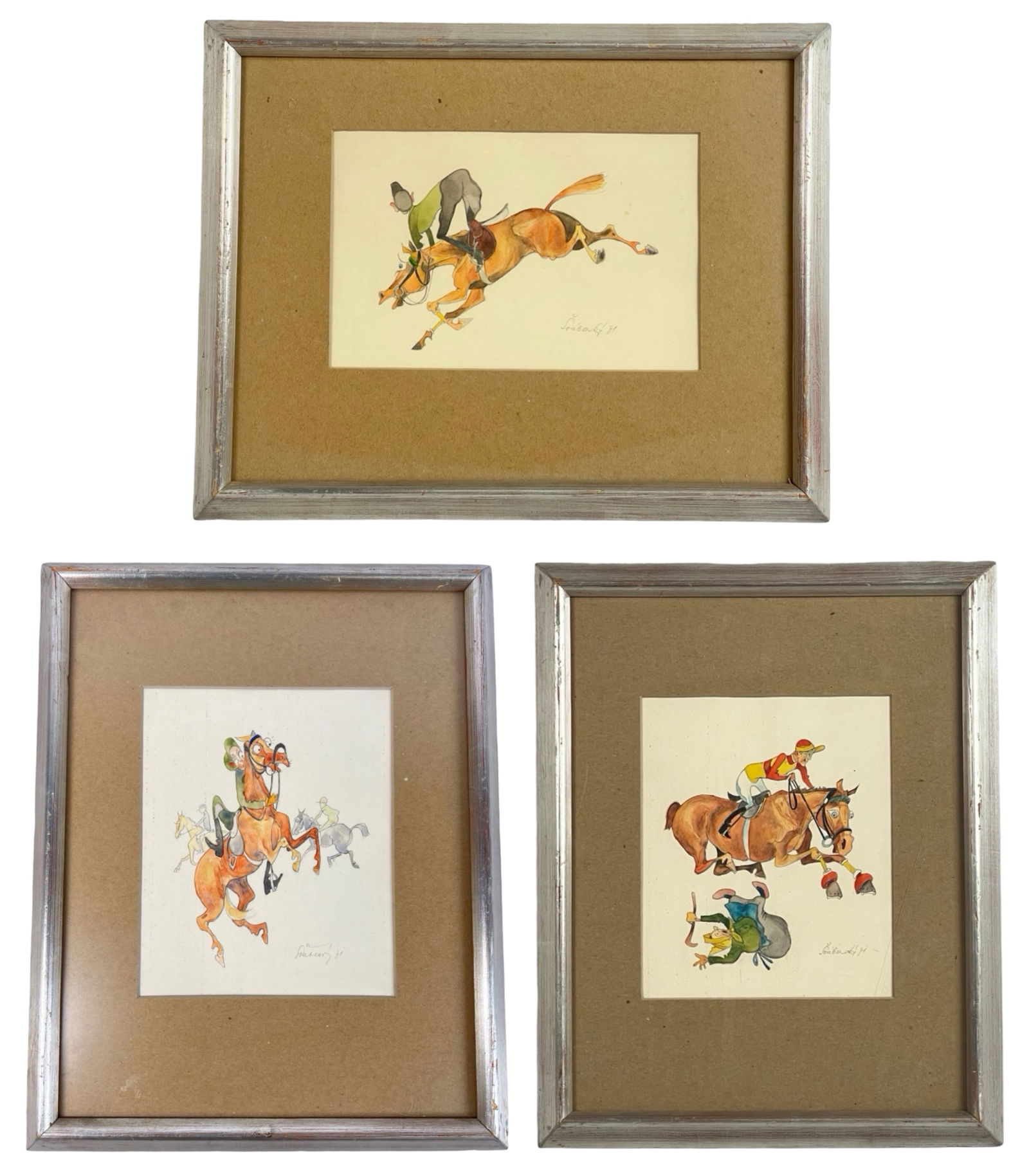 Equestrian Horseback Riding Watercolor Cartoon Art: This charming set comprises three watercolor cartoon drawings, each depicting humorous and lively equestrian scenes. The illustrations are rendered with a playful and whimsical style, capturing the dy