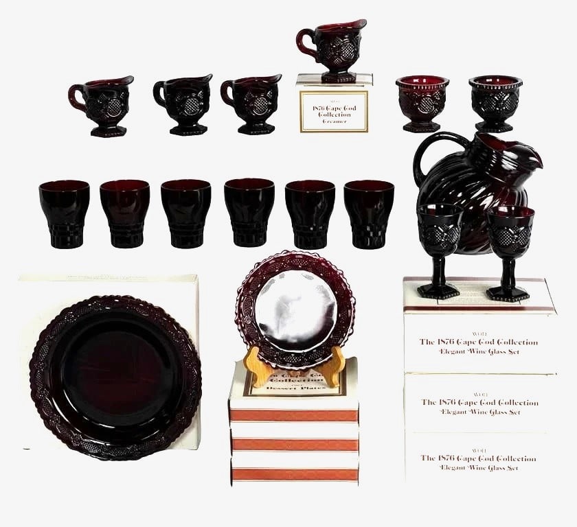 1876 Cape Cod Ruby Red Glass Collection: 1876 Cape Cod Ruby Red Glass Collection including 3 2-pcs Sets of Wine Glasses (New in Boxes); 3 2-pcs Sets of Dessert Plates (New in Boxes), Large Serving Platter (New in Box); Pitcher, 6 Beverage Gl