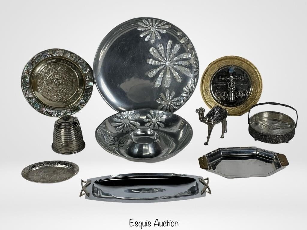 Metal Collectibles from over the World: Metal Collectibles, Kitchen & Room Decor including Towle Silversmiths Mother Of Pearl Floral Inlay Cenerpiece Bowls, Silver Plated Dutch Motif Divided Glass Server, ean Couzon Orfevre Art Deco Tray an
