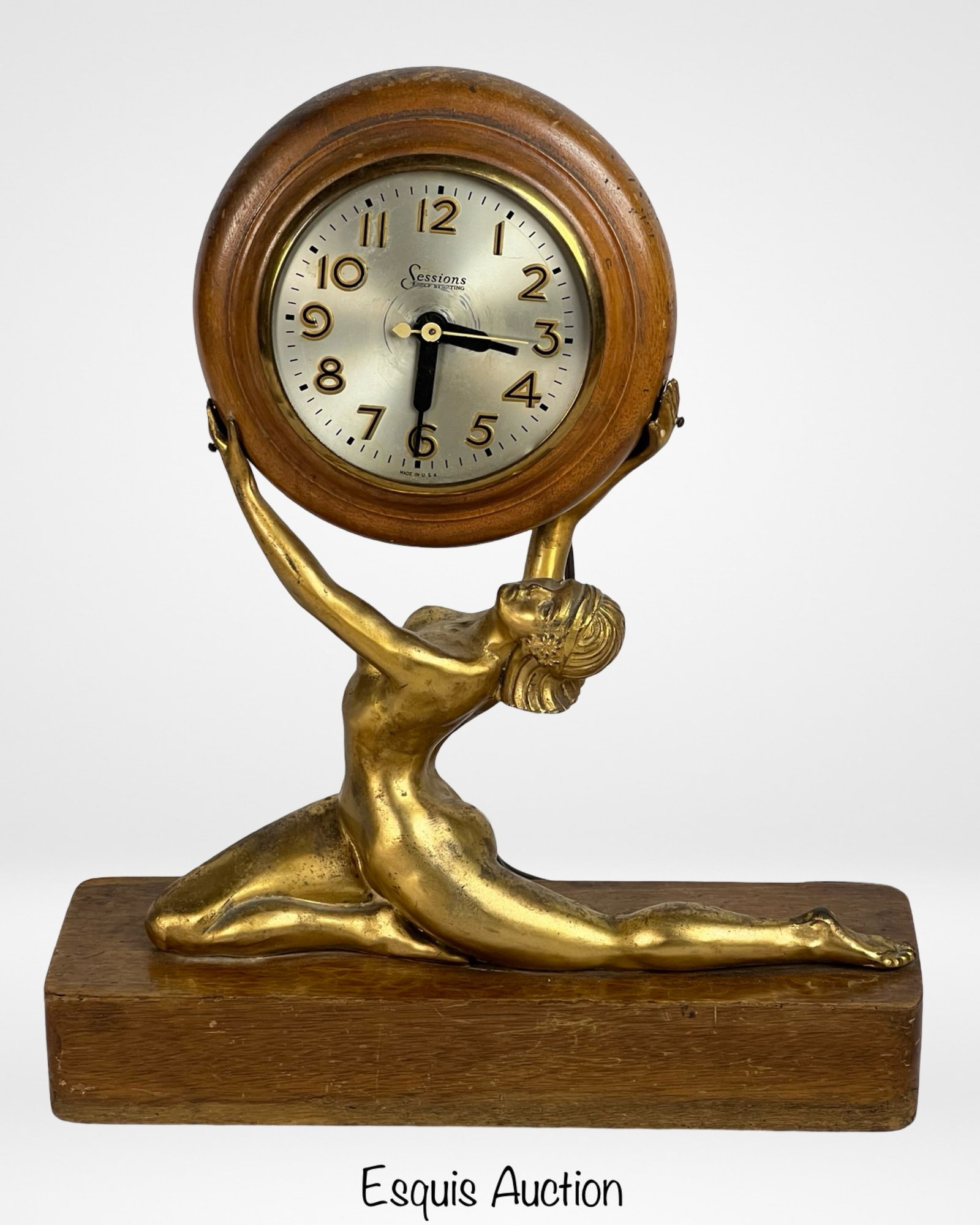 Art Deco Sessions Figural Mantel Clock: Art Deco Sessions Figural Mantel Clock. Some age related wear, most likely does not work.