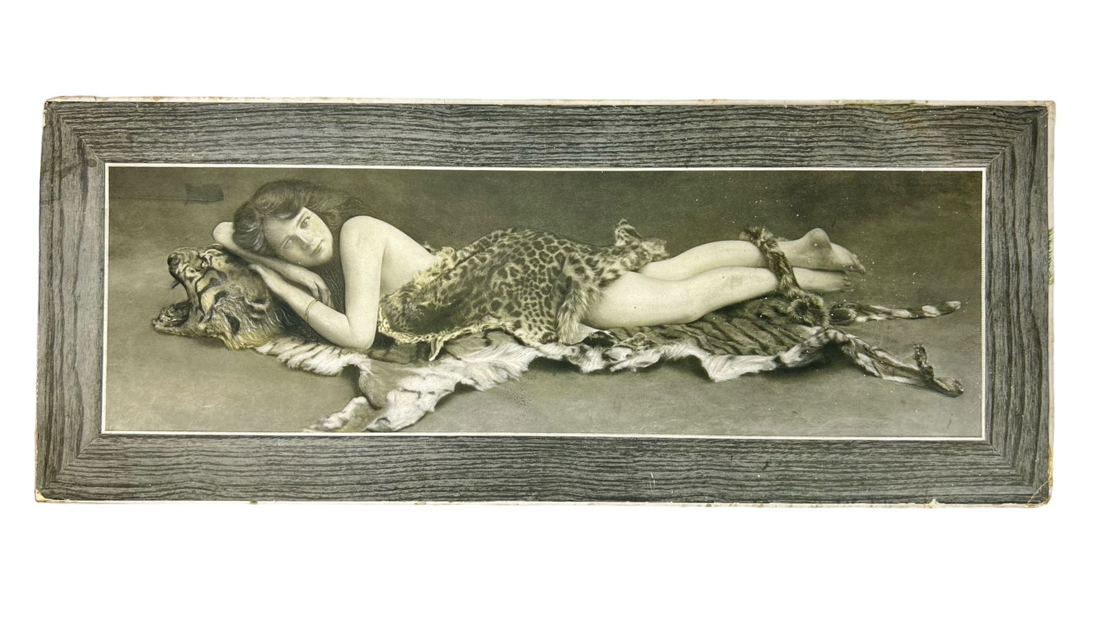 Antique "Ambrosia" Embossed Sexy Lady Candy Box: Antique1910's "Ambrosia" large pre-pin-up era lovely lady candy box. With lovely and erotic embossed imagery, an alluring maiden lies atop a tiger rug, herself draped in a cheetah fur blanket. 23" x 9