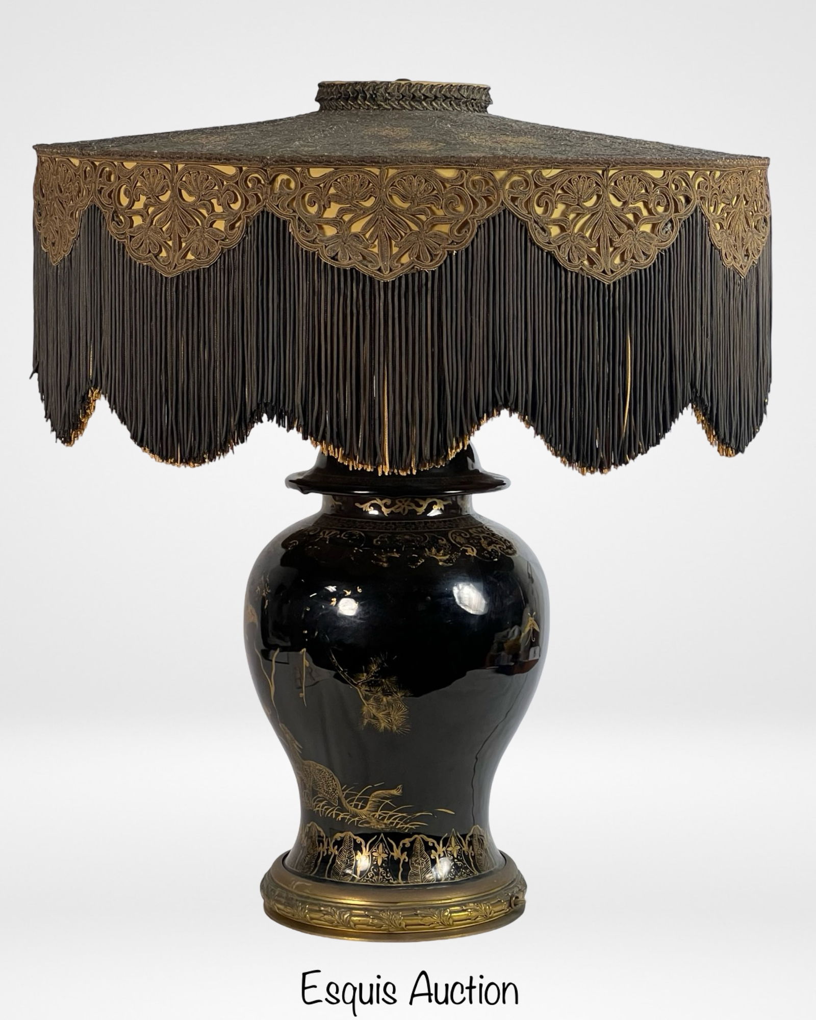 Vintage Black and Gold Table Lamp w/ Ornate Shade (1 of 6)