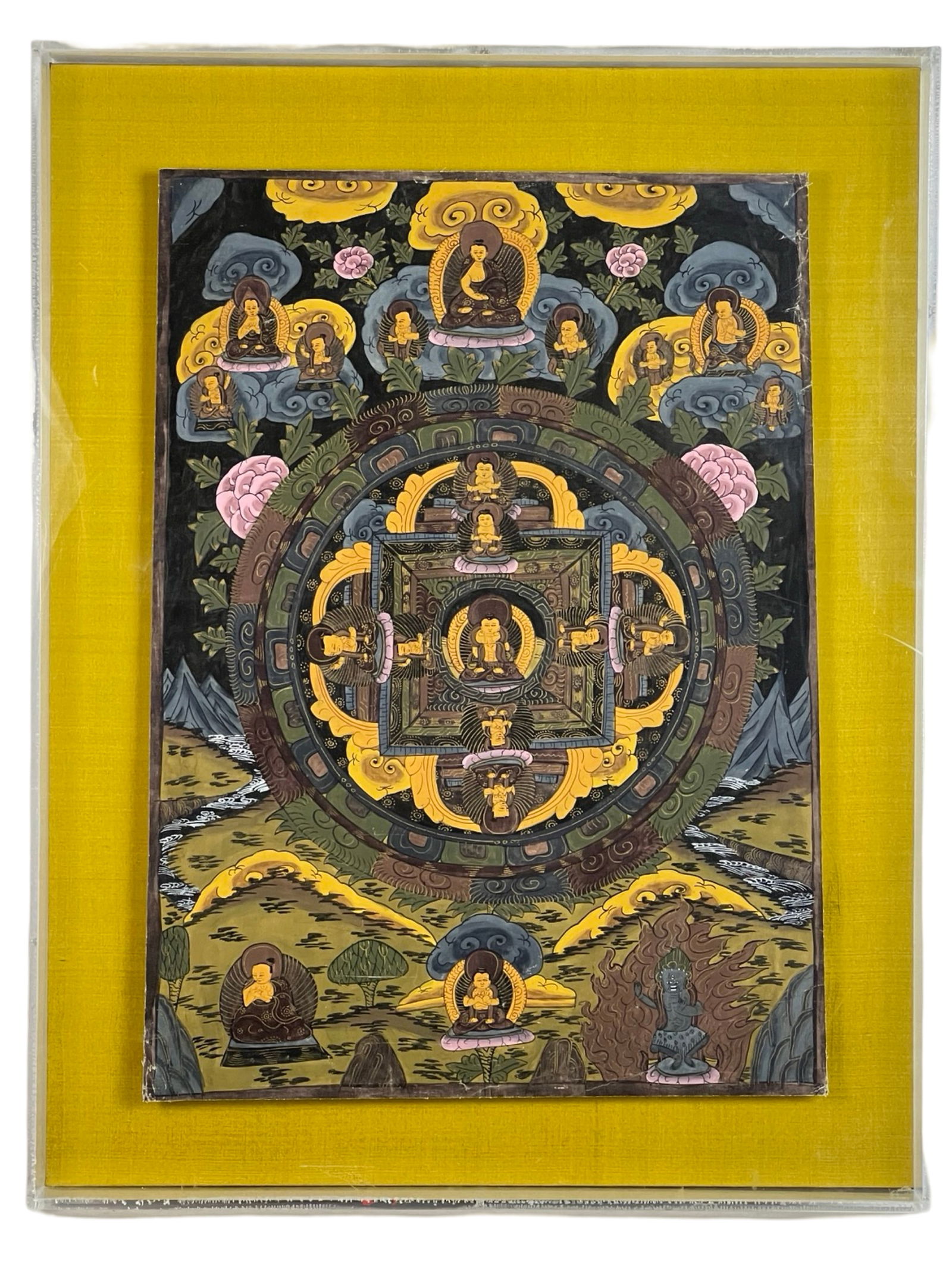 Mandala Thangka- early 20th C Hand Painted: This exquisite Mandala Thangka is a captivating piece of Tibetan Buddhist art, meticulously hand-painted on fabric. Dating back to the earlier part of the 20th century, this artwork embodies spiritual