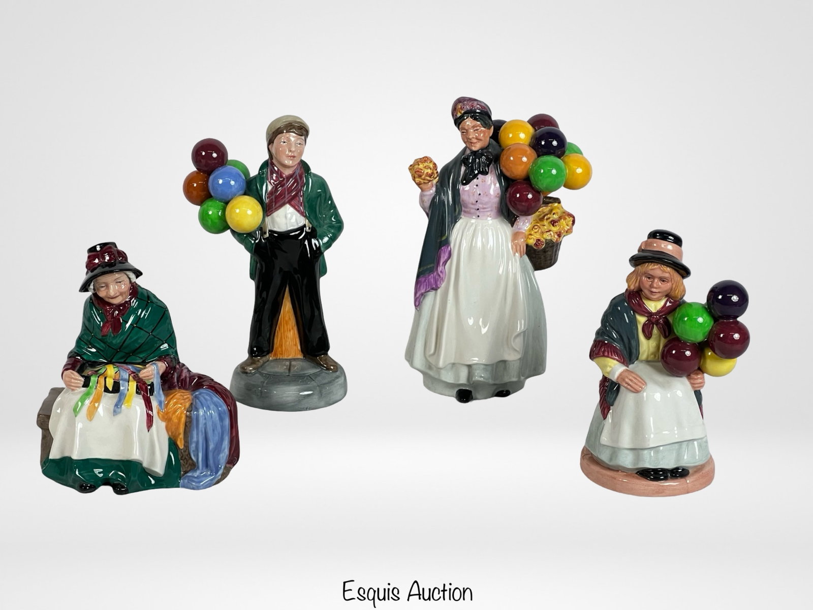 Royal Doulton Porcelain Figurines Balloon Family: This collection features four exquisite porcelain figurines from Royal Doulton, each beautifully crafted and hand-painted. The collection includes: "Silks and Ribbons" HN2017, "Balloon Boy" HN2934, "B