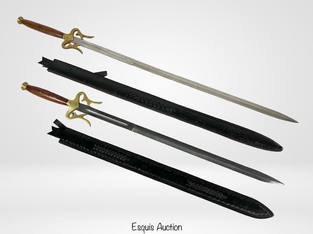 Two Knight Swords with Scabbards: Two Knight Sword Replicas. Full Length- 51" & 42", Blades are 40" & 32". Good Condition.