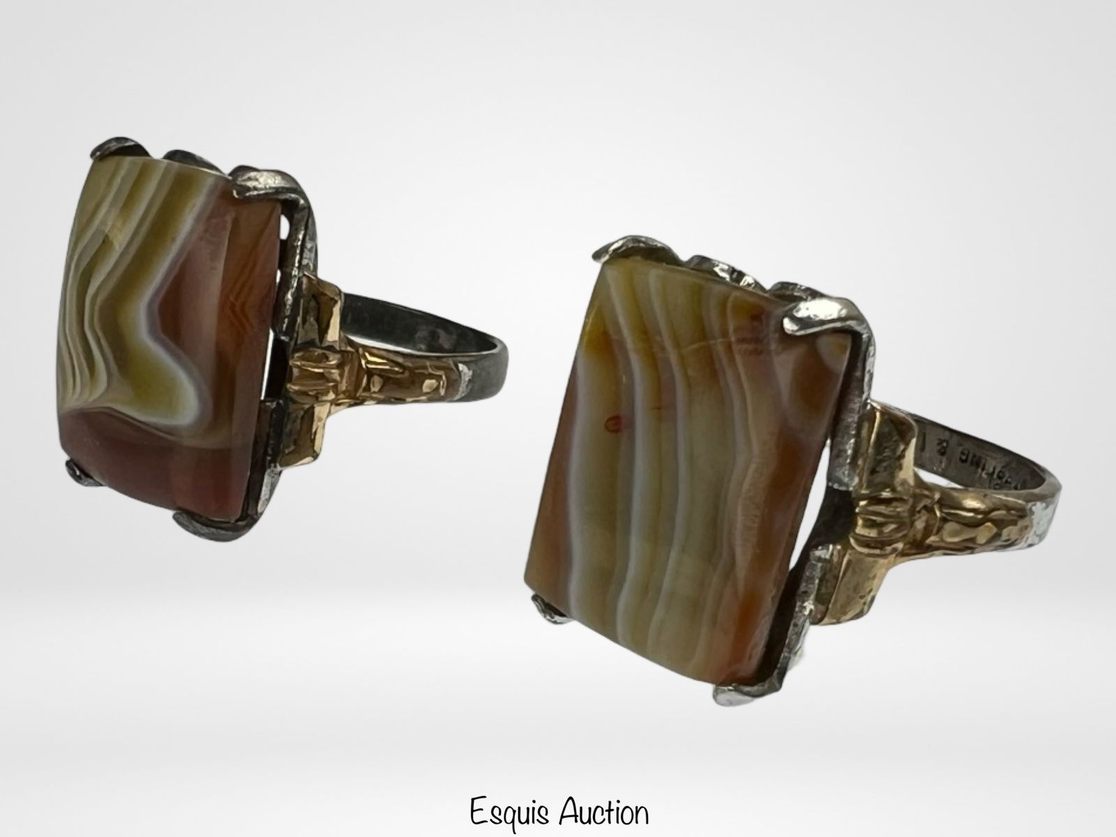 Vintage Sterling Silver Men's Agate Rings 10k Gold (1 of 5)