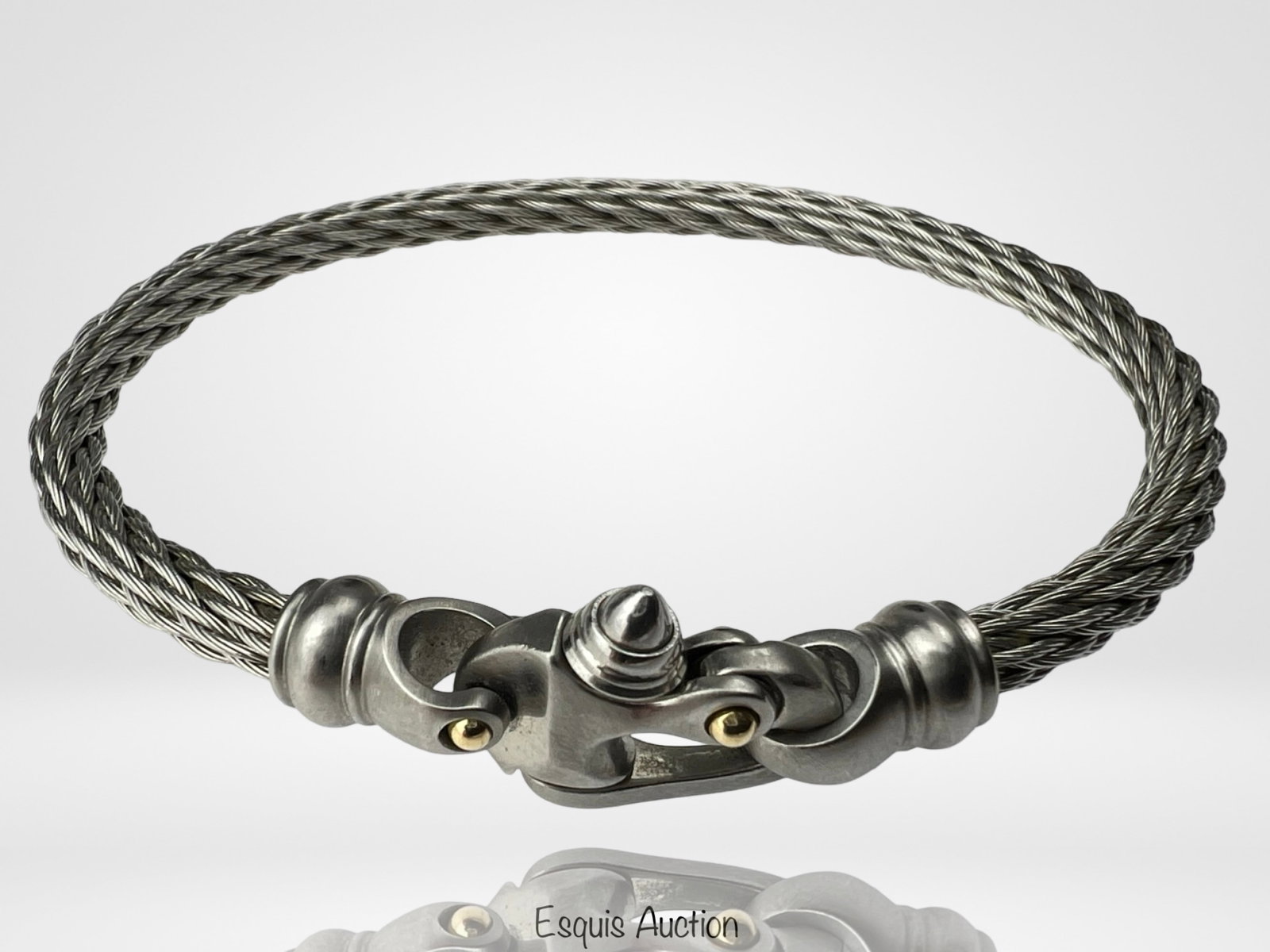 Guy Beard Mariner Cable Bracelet 14k Gold Acc: Guy Beard "Nouveau Braid" Cable Bracelet with Mariner Clasp. Stainless Steel with 14k Gold Accent. 3" x 2 1/2". Good Condition.