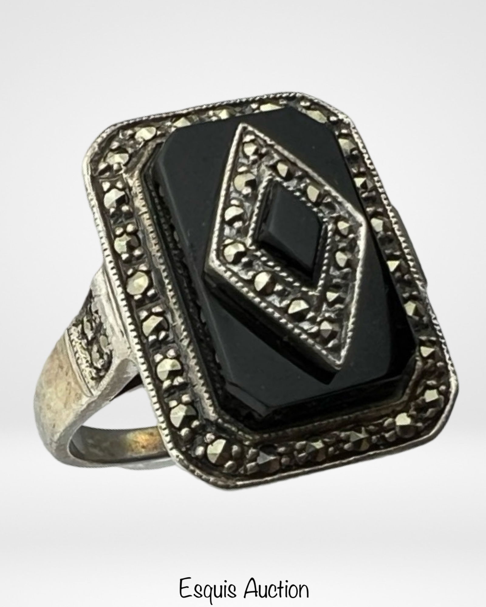 Ladys Sterling Silver Art Deco Onyx Marcasite Ring (1 of 5)
