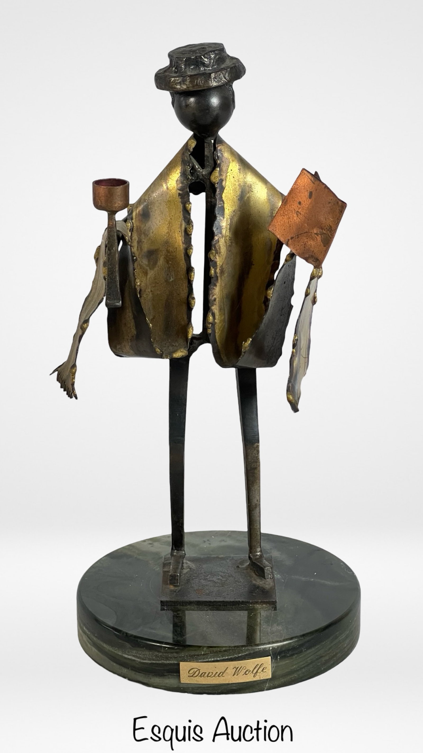 David Wolfe - Metal Rabbi Jewish Judaica Sculpture: David Wolfe (20th Century, Illinois). Metal Art- Rabbi Sculpture. Measures 10 1/2" tall. Good Condition.