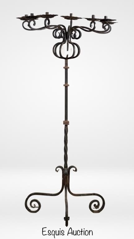 Jan Barboglio Forged Wrought Iron Floor Candelabra: Elevate your space with the timeless elegance of the Jan Barboglio Forged Wrought Iron Floor Candle Holder/Candelabra. Standing at an impressive 71 inches tall, this piece is a striking fusion of arti