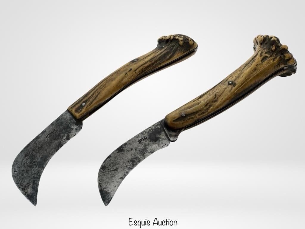 Pair of Antique German Hawkbill Slag Handle Knives: Introducing a pair of Antique German stag handle hawkbill folding knives, crafted with precision and attention to detail. These elegant knives feature full lengths of 8 1/2" and blades measuring 3 1/2