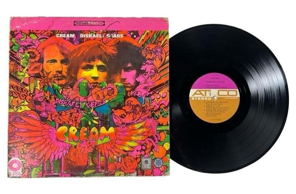 Cream "Disraeli Gears" Band Signed Album Cover: Prepare to be awestruck by this extraordinary find: a band-signed album cover of Cream's "Disraeli Gears," autographed by all three legendary members?Jack Bruce, Eric Clapton, and Ginger Baker. This r