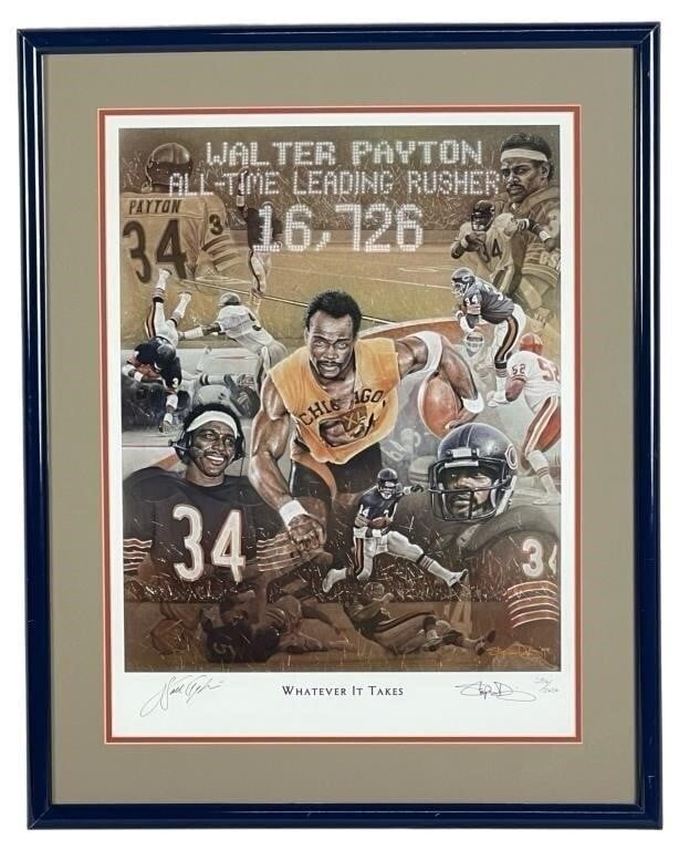 Walter Payton Signed LE Art Lithograph: Embrace the spirit of determination and excellence with this exquisite piece of sports memorabilia?a limited edition lithograph titled "Whatever It Takes" by the esteemed artist Stephen Doig, adorned 