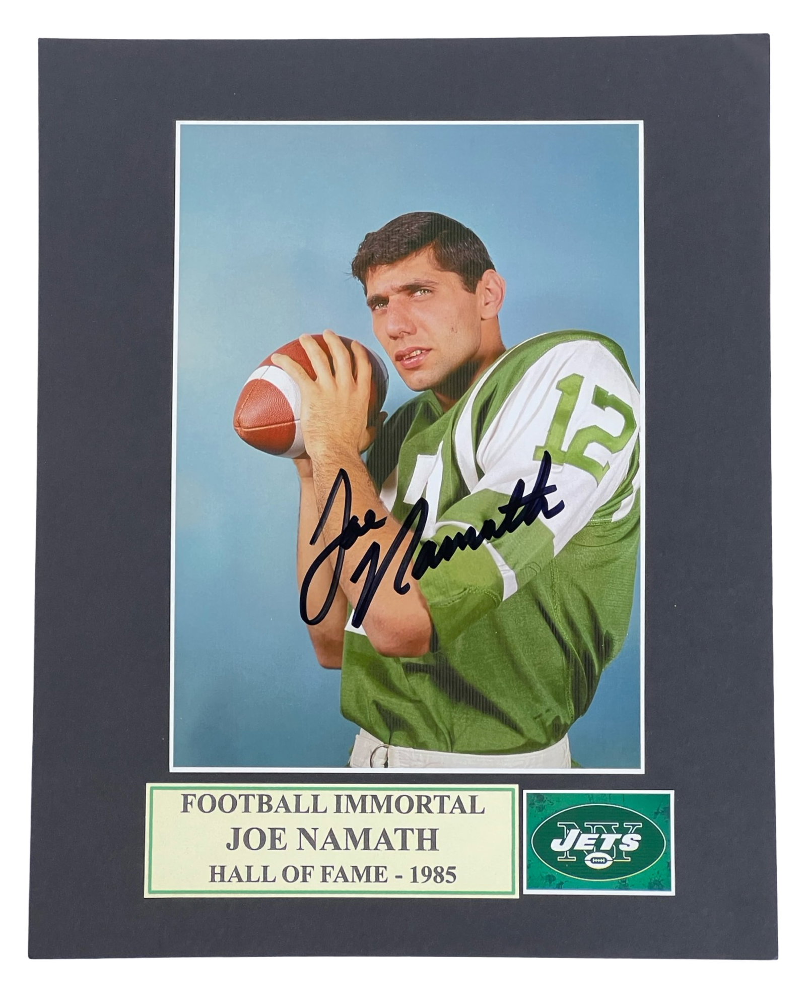 Joe Namath Autographed NY Jets Photograph: Here's your opportunity to own a powerful piece of football history- Joe Namath autographed 7" x 5" photograph mounted on an 8" x 10" backing, prepared for framing and display.This signed photograph c