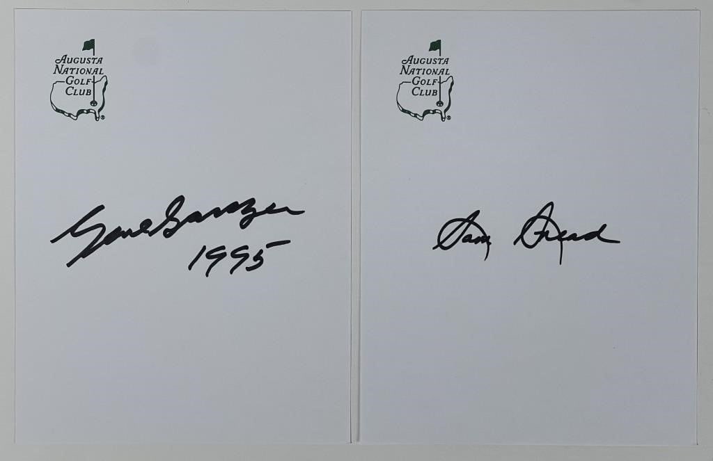 Sam Snead and Gene Sarazen Autographs: Immerse yourself in golfing history with this exceptional Sam Snead and Gene Sarazen Autographs/Signatures on Masters Note Book Pages. These pages, bearing the signatures of two golfing legends, offer