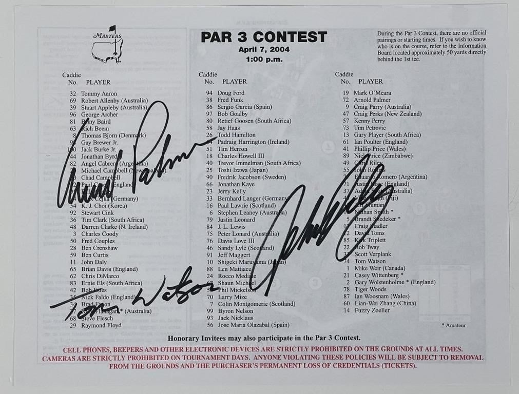 Arnold Palmer, Tom Watson & John Daly Signed Maste: Owning a piece of golfing history, this Arnold Palmer, Tom Watson, and John Daly Signed Golf Masters Player Guide from the 2004 Par 3 Contest is a true treasure for golf enthusiasts. Signed by three l