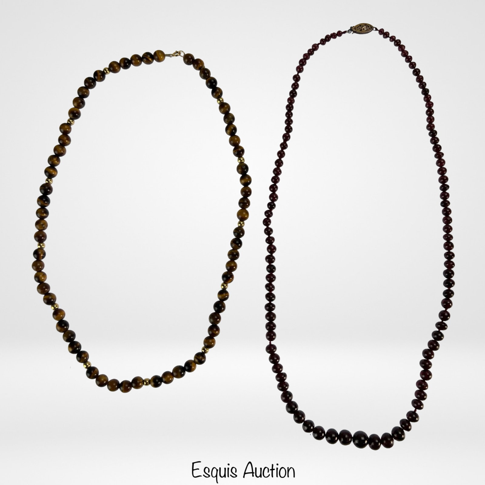 14k Gold Red Garnet & Tiger Eye Bead Necklaces: Natural Round Tiger Eye Bead Necklace with 14k Gold Beads and Clasps and Natural Red Garnet Bead Necklace with 14k Gold Clasps. 21"-18" long. Good Condition.
