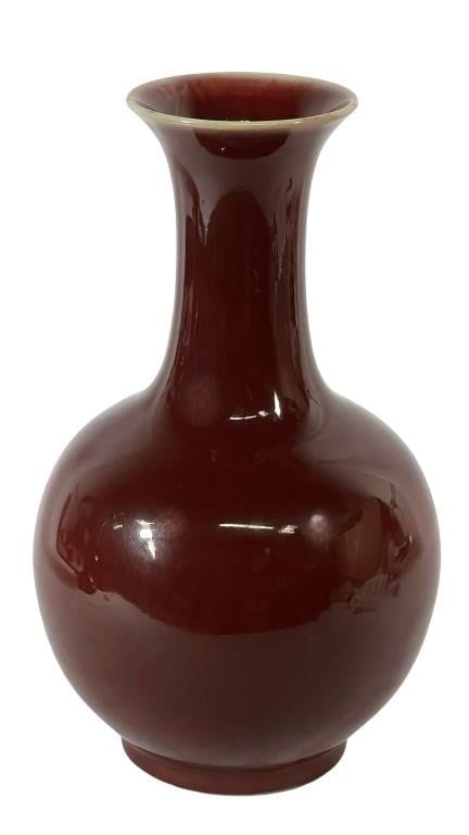 Antique Chinese "Sang de Boeuf" Oxbloode Vase: A striking early 20th Century Chinese "sang de boeuf" (oxblood) glazed vase, notable for its rich, deep red color and impressive size. Standing 16 inches tall with a diameter of 9 inches, this vase co