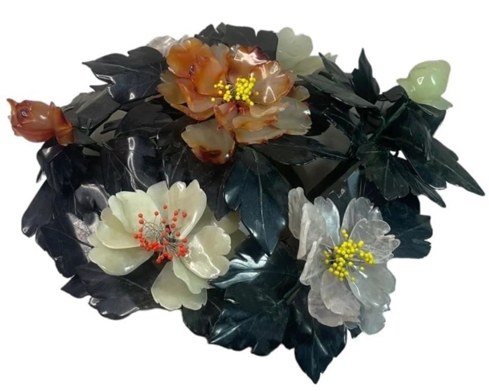Chinese Semi-Precious Stones Carved Flower Bouquet: Celebrate the exquisite artistry of Chinese craftsmanship with this stunning floral bouquet centerpiece, intricately carved from semi-precious stones.This captivating piece features a beautiful arrang