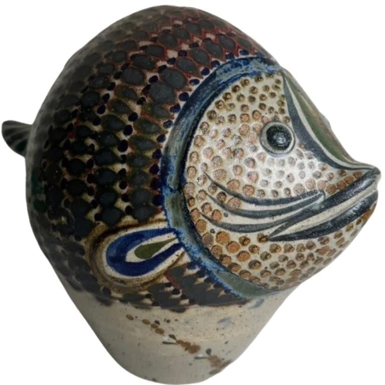 Jose Bernabe Tonala Mexico Art Pottery Fish Vase: Celebrate the vibrant artistry of Mexican pottery with this charming fish vase by Jos? Bernab?, a renowned artist from Tonal?, Mexico.This captivating piece features a whimsical fish design, showcasin