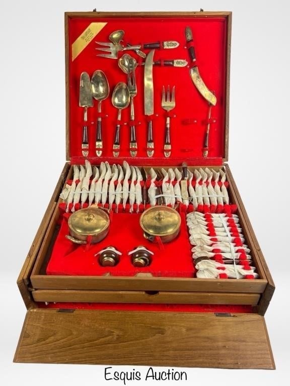 Large Thai/ Siam Brass Flatware Set in Rosewood: Enhance your dining experience with this exquisite large Thai/Siam brass flatware set, elegantly housed in a luxurious rosewood chest.This captivating flatware set reflects the rich cultural heritage 