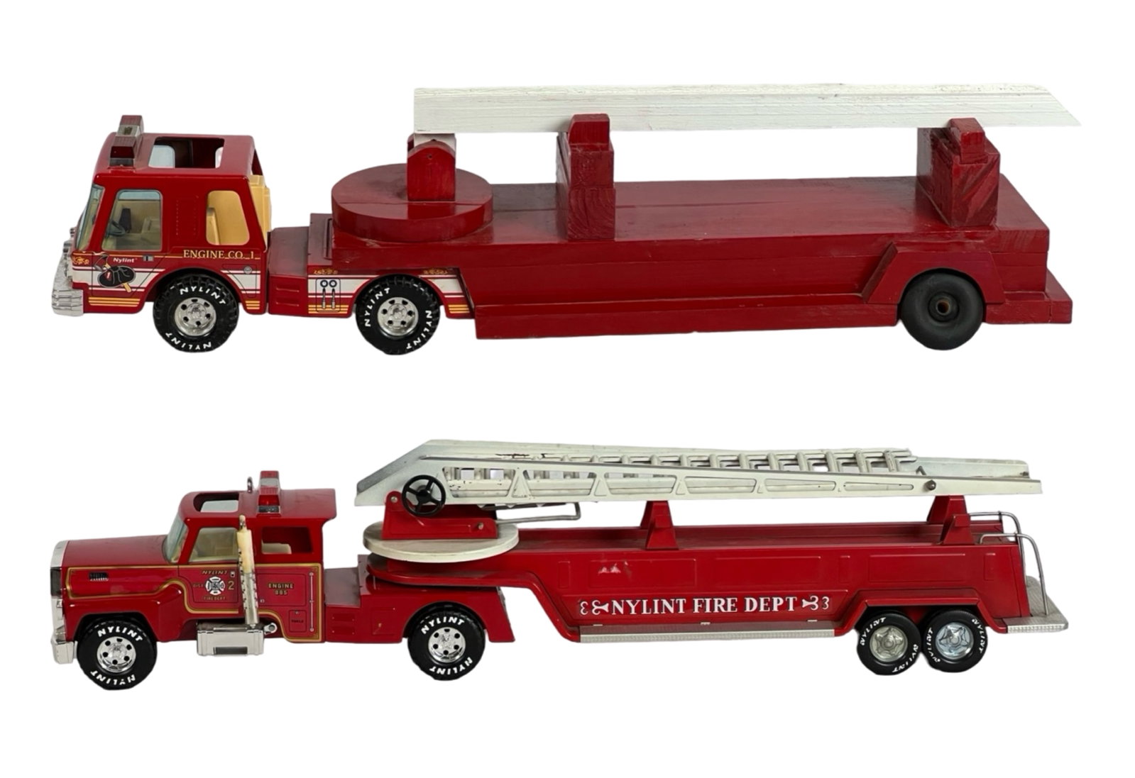 2 Vintage Nylint Fire Department Engines: 2 Vintage Nylint Pressed STeel Fire Department Engines. One has rear part replaced with wooden one.