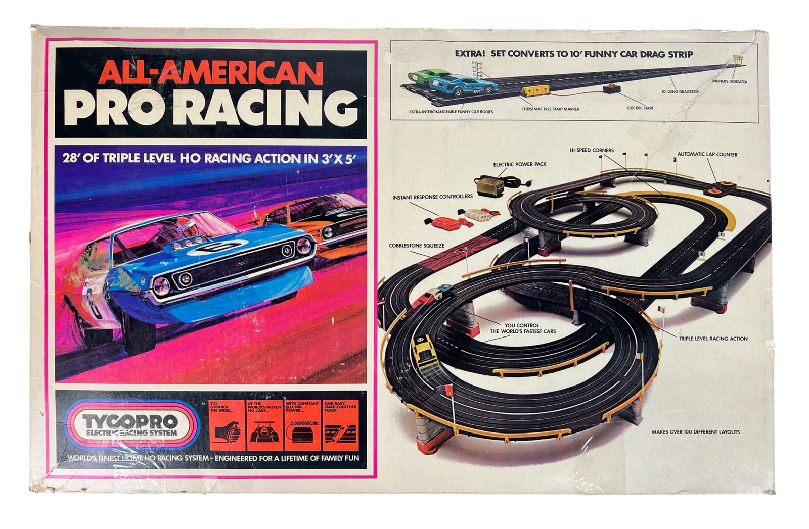 70's Tyco All American Pro Racing Slot Car Set: 1970's Tyco All American Pro Racing Slot Car Set. Appears to be complete with 2 cars in original box.